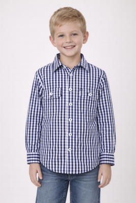 Navy and White Children's Check Lon Sleeve Shirt