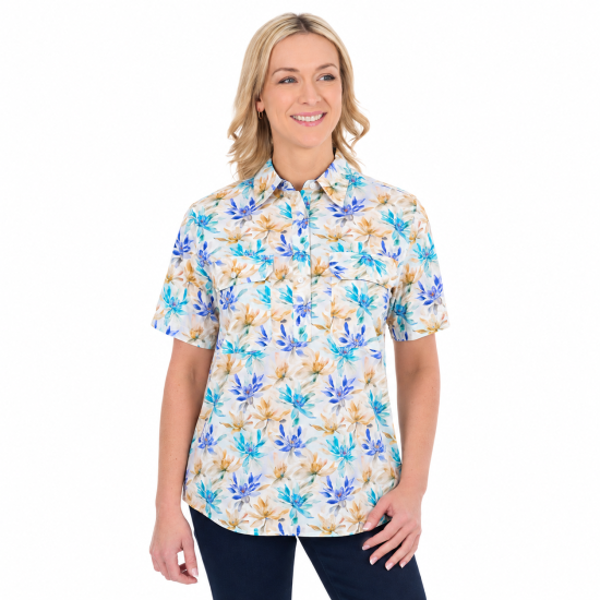 Meadow Blue/Multi Women's Half Placket Short Sleeve Shirt