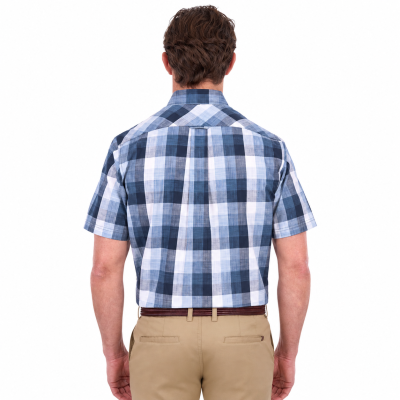 Oscar Navy Check Men's Two Pocket Short Sleeve Shirt