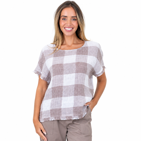 Lauren Latte Linen Check Frill Top